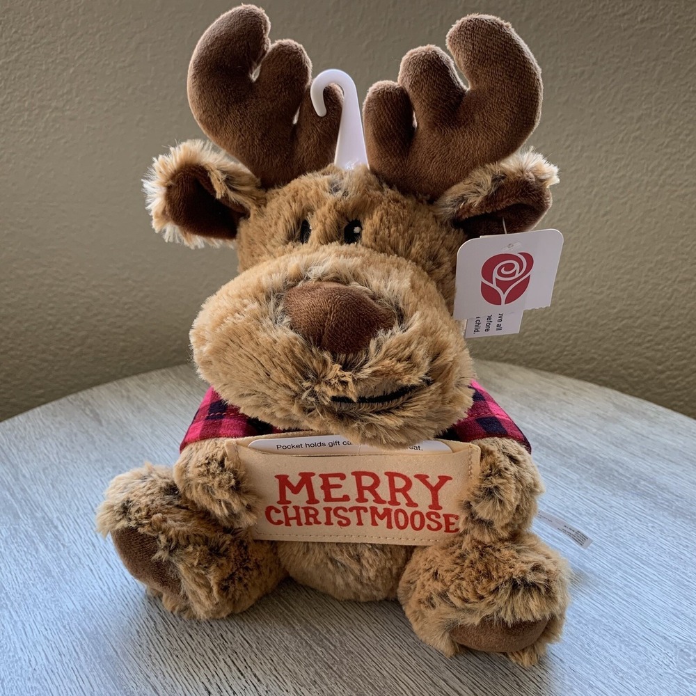 American Greetings 10" Christmas Moose Plush Cash Gift Card Holder Red Plaid